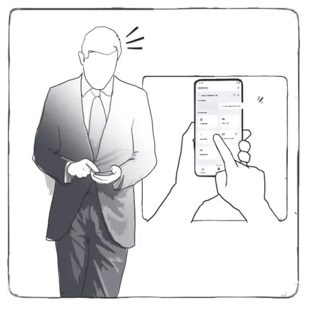 Ilustración de una persona abriendo la puerta de su vivienda con su teléfono móvil